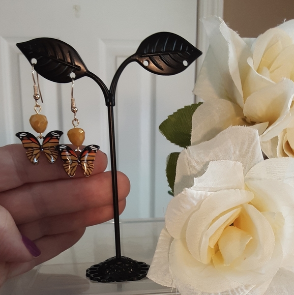 Handmade Butterfly Earrings Yellow Black 1.5" Long - Picture 4 of 4